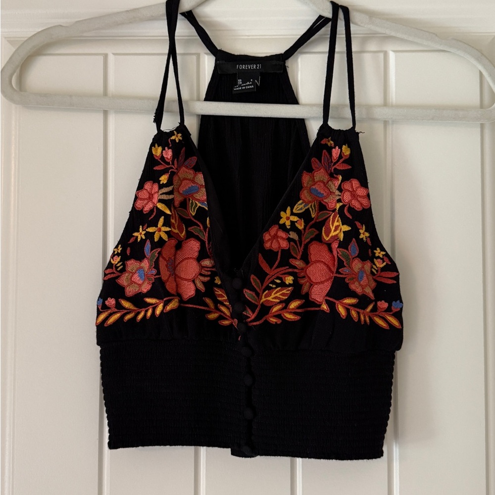 Black Tank Crop Top with Colorful Floral Embroidery